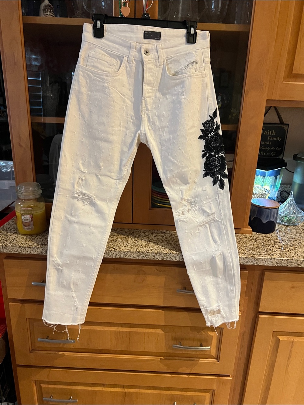 Zara White Ankle Jeans with Black Floral Embroidery